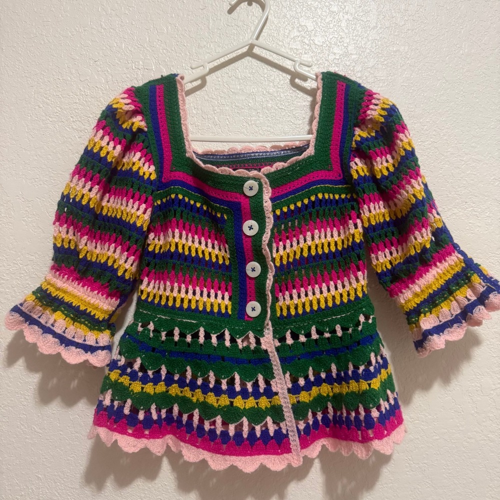 Truce Kids Crochet Cool Boho Sweater Multi Color Puff Sleeve Peplum‎ M 10-12 NWT